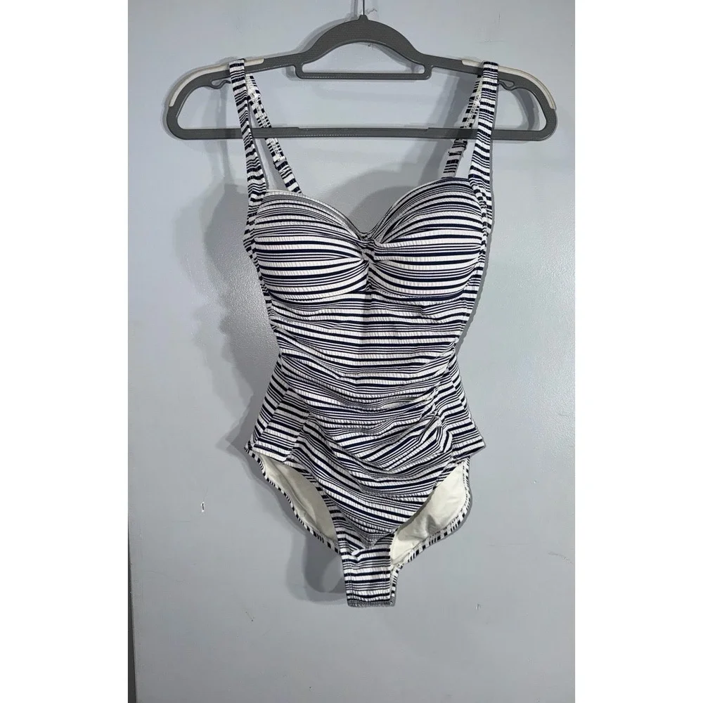 Niptuck blue and white striped one piece swimsuit ruched sides women's 4